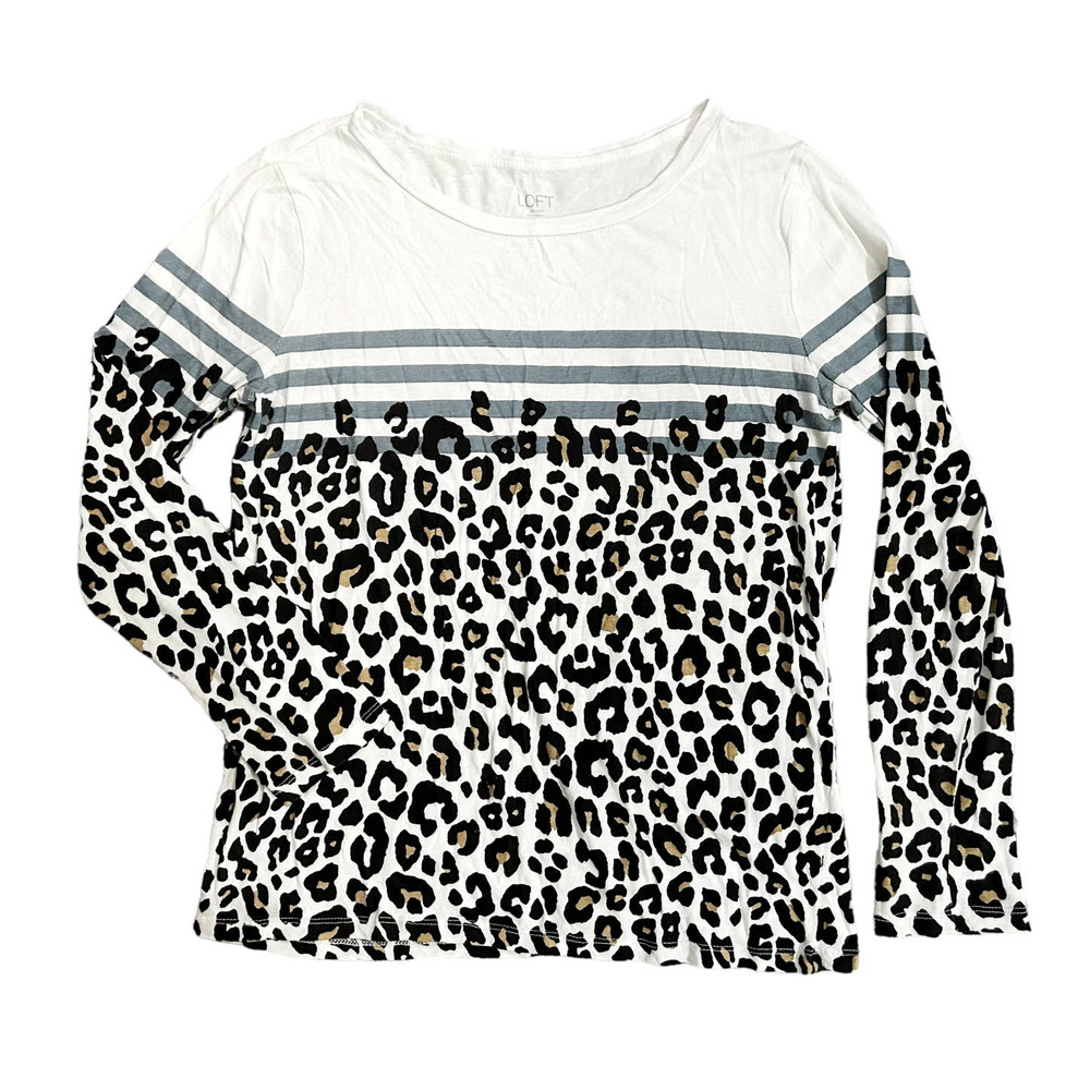 LOFT Outlet White Cheetah Print Long Sleeve T-Shirt Womens Size M